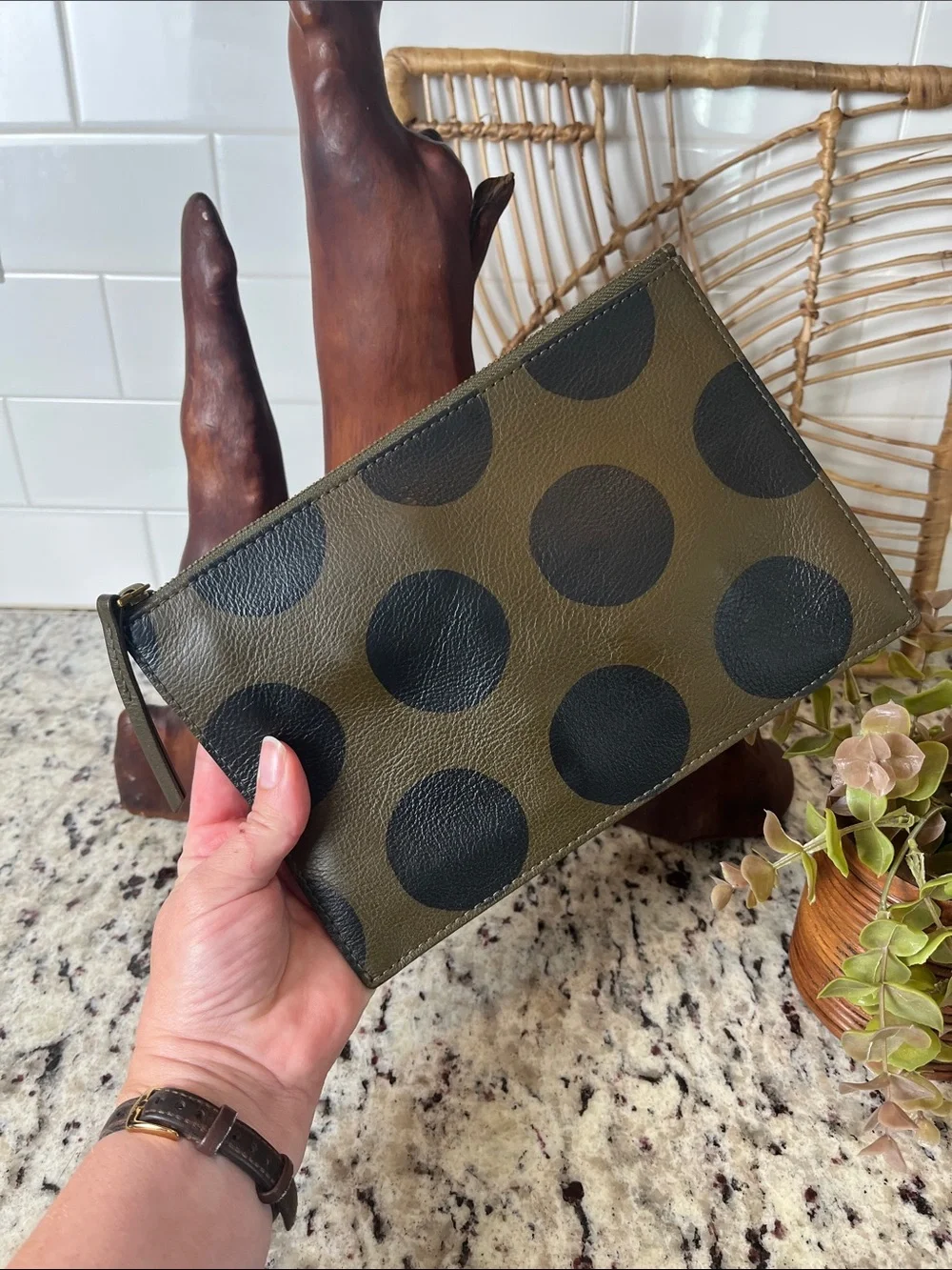 Madewell Polka Dot Olive Green Leather Clutch